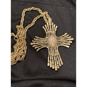 Cross Pendant 24" Rope Chain Necklace Gold Tone 3x2.5" Cabochon Poss. Moonstone?